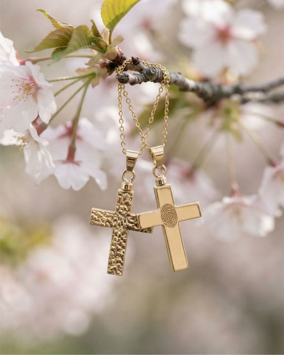 Cara Keepsakes Gold Pendant Urns Hammered Gold Cross Pendant Urn (10K)