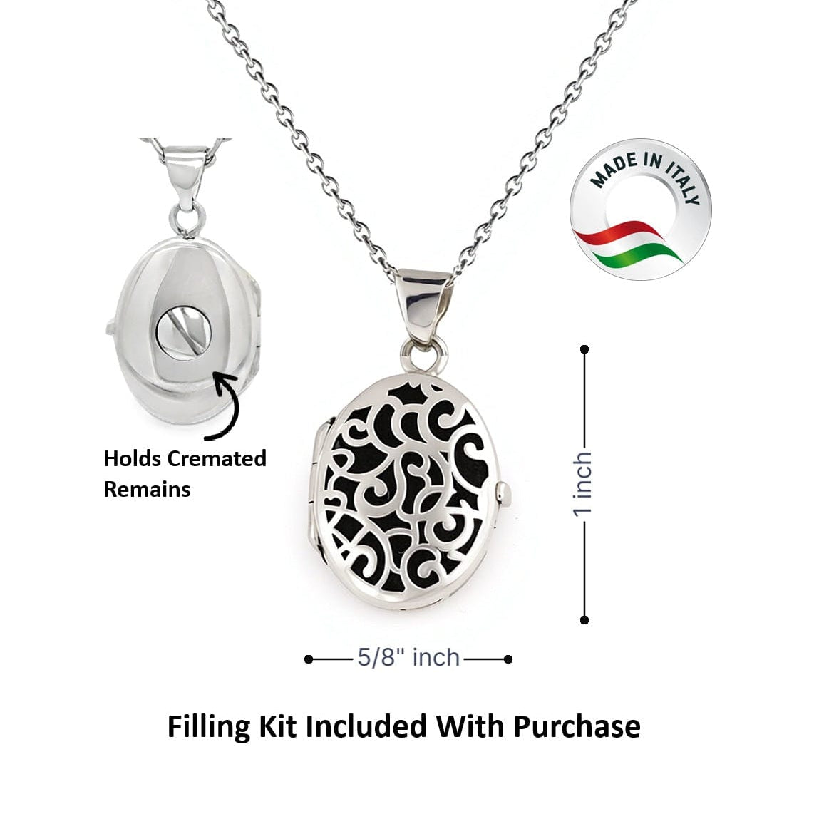 Cara Keepsakes Silver Locket Urns Silver Filigree Oval Locket Urn