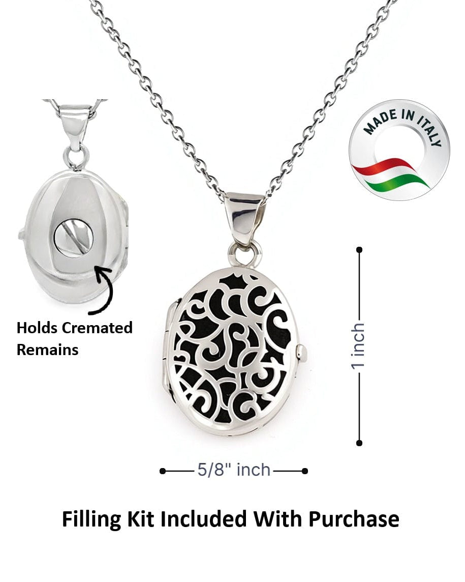Cara Keepsakes Silver Locket Urns Silver Filigree Oval Locket Urn