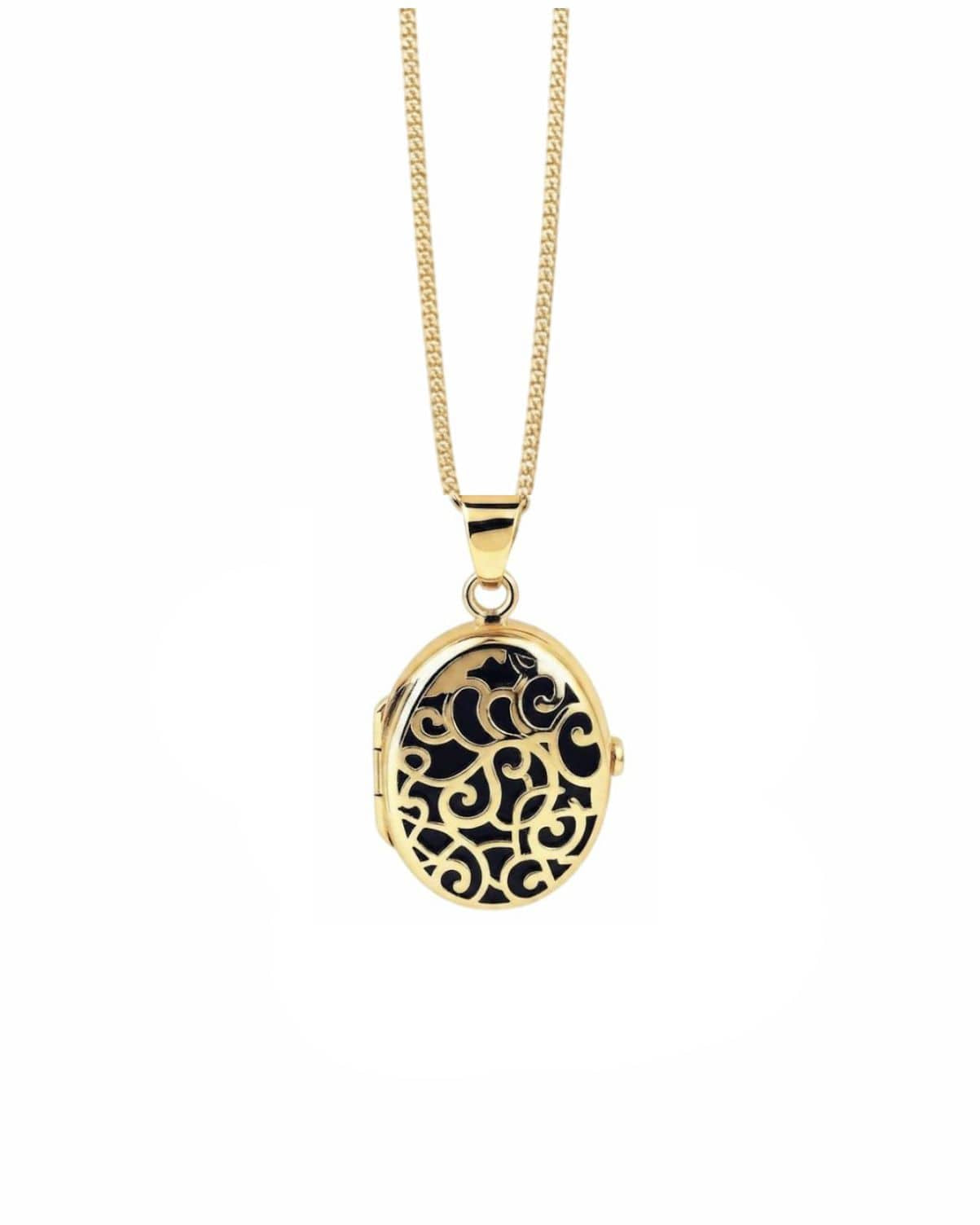 Cara Keepsakes Gold Locket Urns Black Gold Filigree Oval Locket Urn (14K)