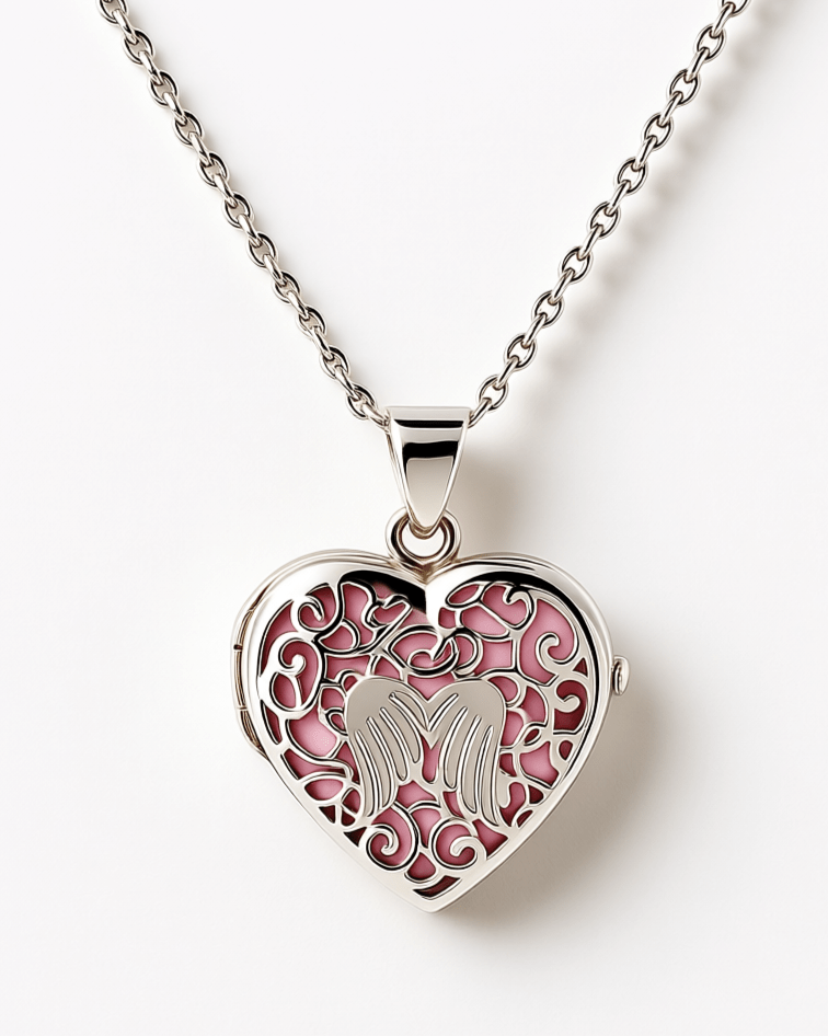 Cara Keepsakes Silver Locket Urns Pink Angel Heart Locket Urn