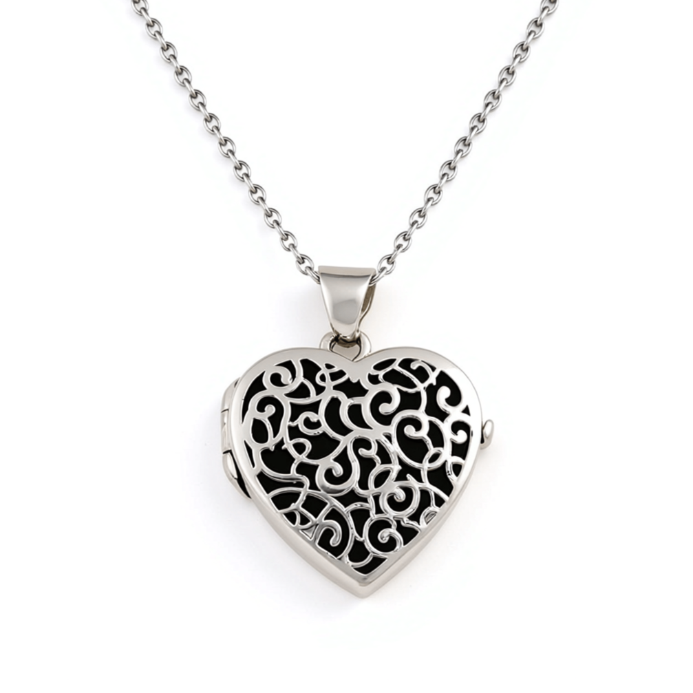 Cara Keepsakes Silver Locket Urns Black Silver Filigree Heart Locket Urn