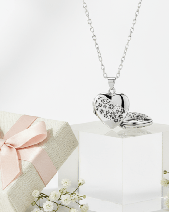 Cara Keepsakes Silver Locket Urns Silver Heart Locket Urn - Flowers