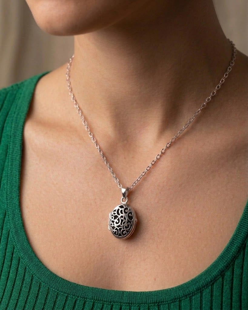 Cara Keepsakes Silver Locket Urns Silver Filigree Oval Locket Urn