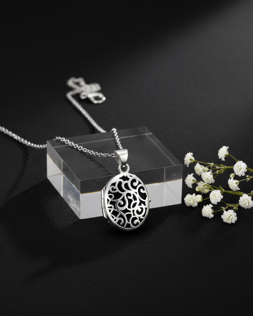 Cara Keepsakes Silver Locket Urns Silver Filigree Oval Locket Urn