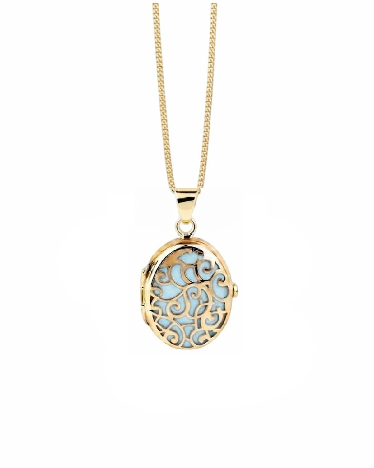 Cara Keepsakes Gold Locket Urns Turquoise Gold Filigree Oval Locket Urn (14K)