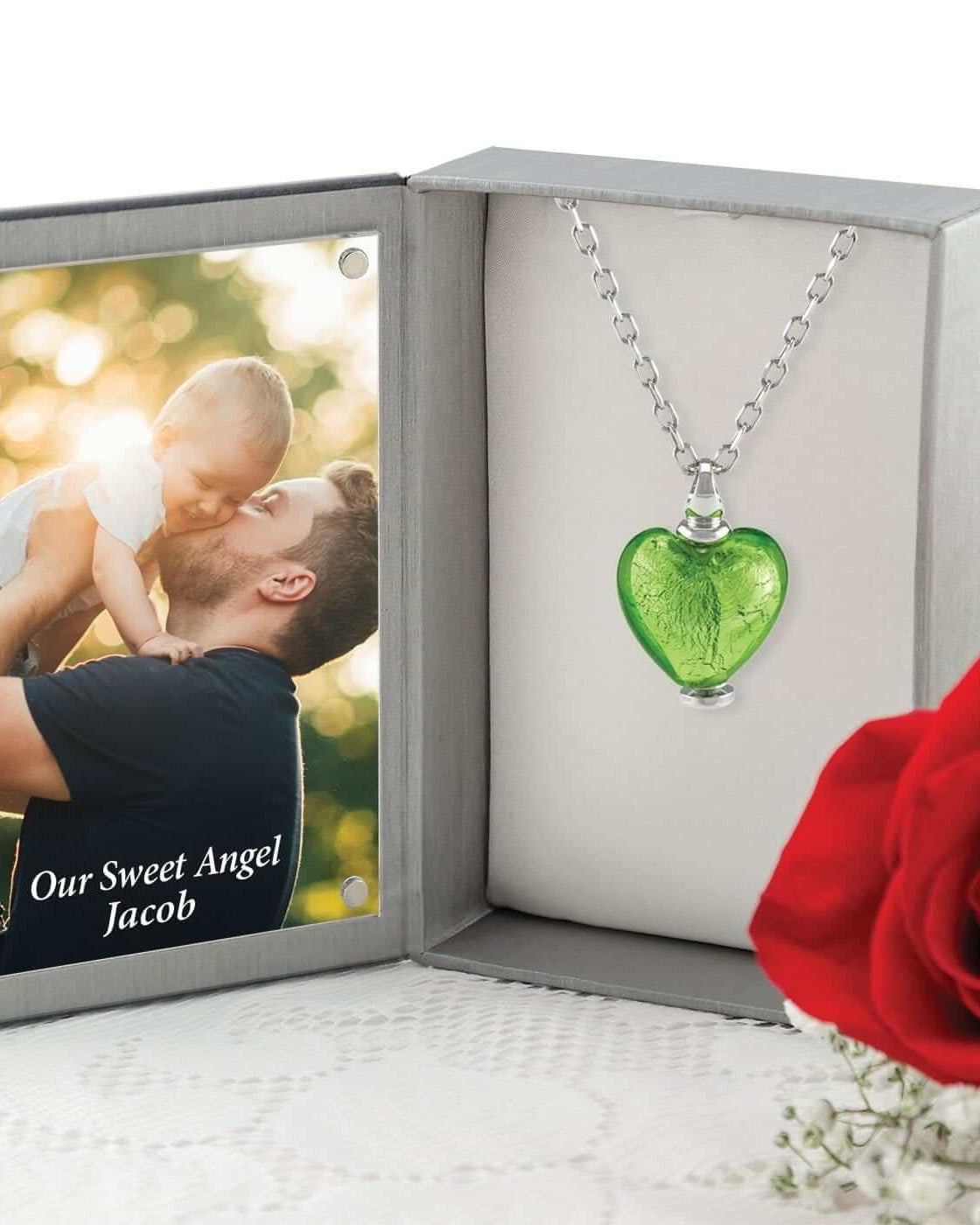 Cara Keepsakes Murano Glass Heart Urn - August in jewelry box