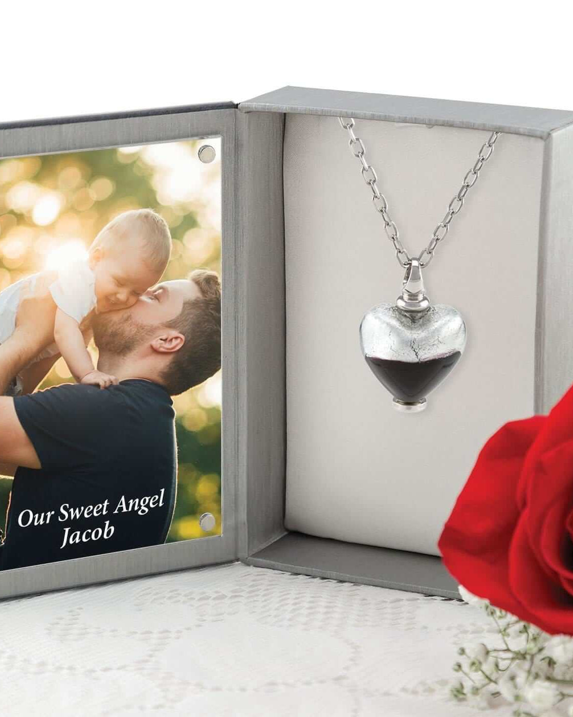 Cara Keepsakes Murano Glass Heart Urn - 'Eternal Promise' in jewelry box