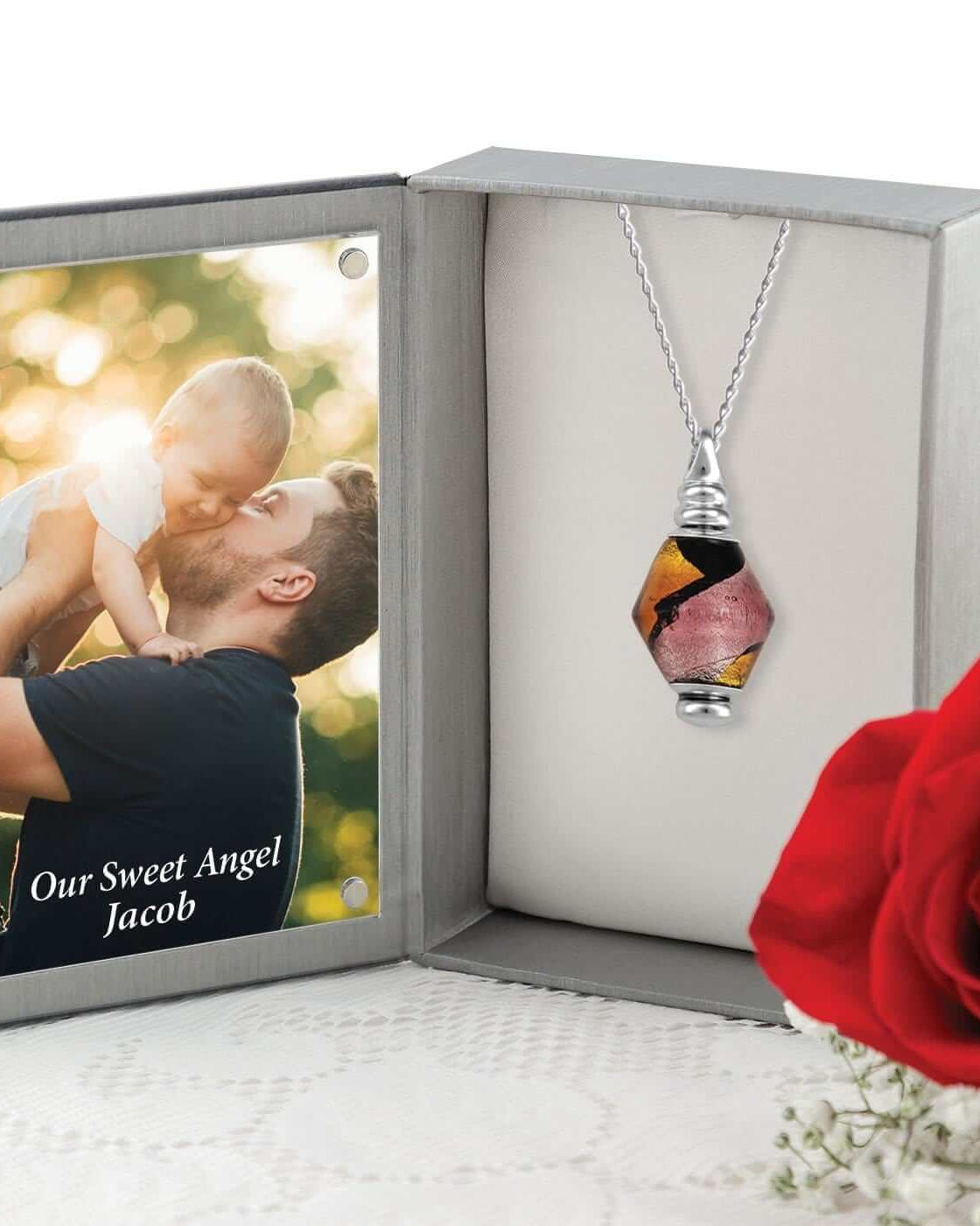 Cara Keepsakes Murano Glass Pendant Urn - 'Eventide Rose' in jewelry box