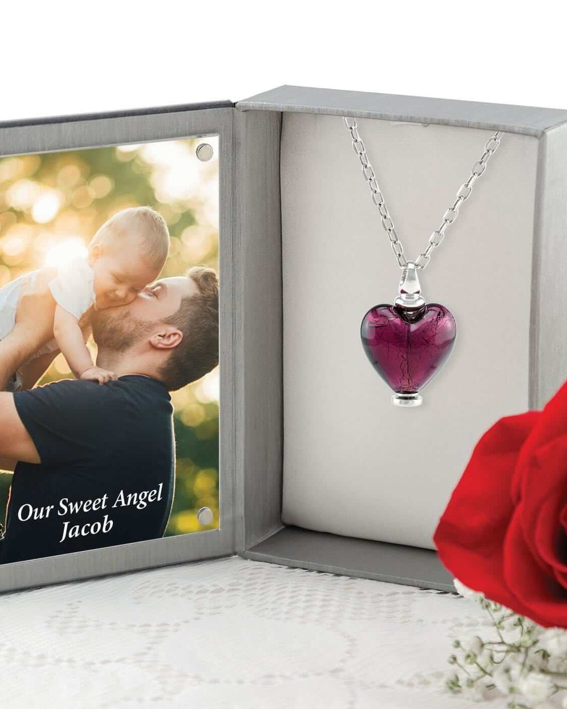 Cara Keepsakes Murano Glass Heart Urn - February in jewelry box