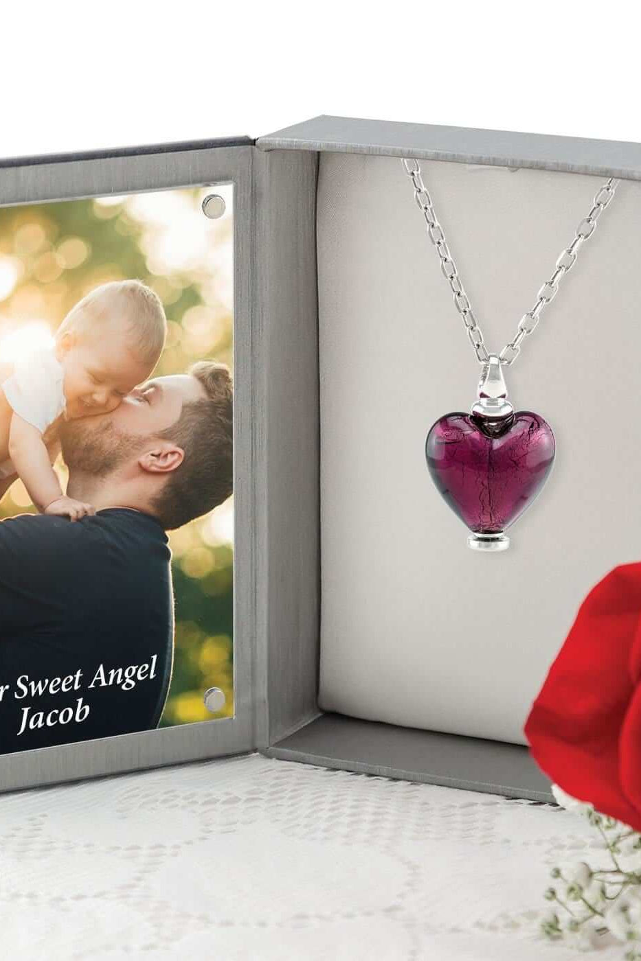 Cara Keepsakes Murano Glass Heart Urn - February in jewelry box