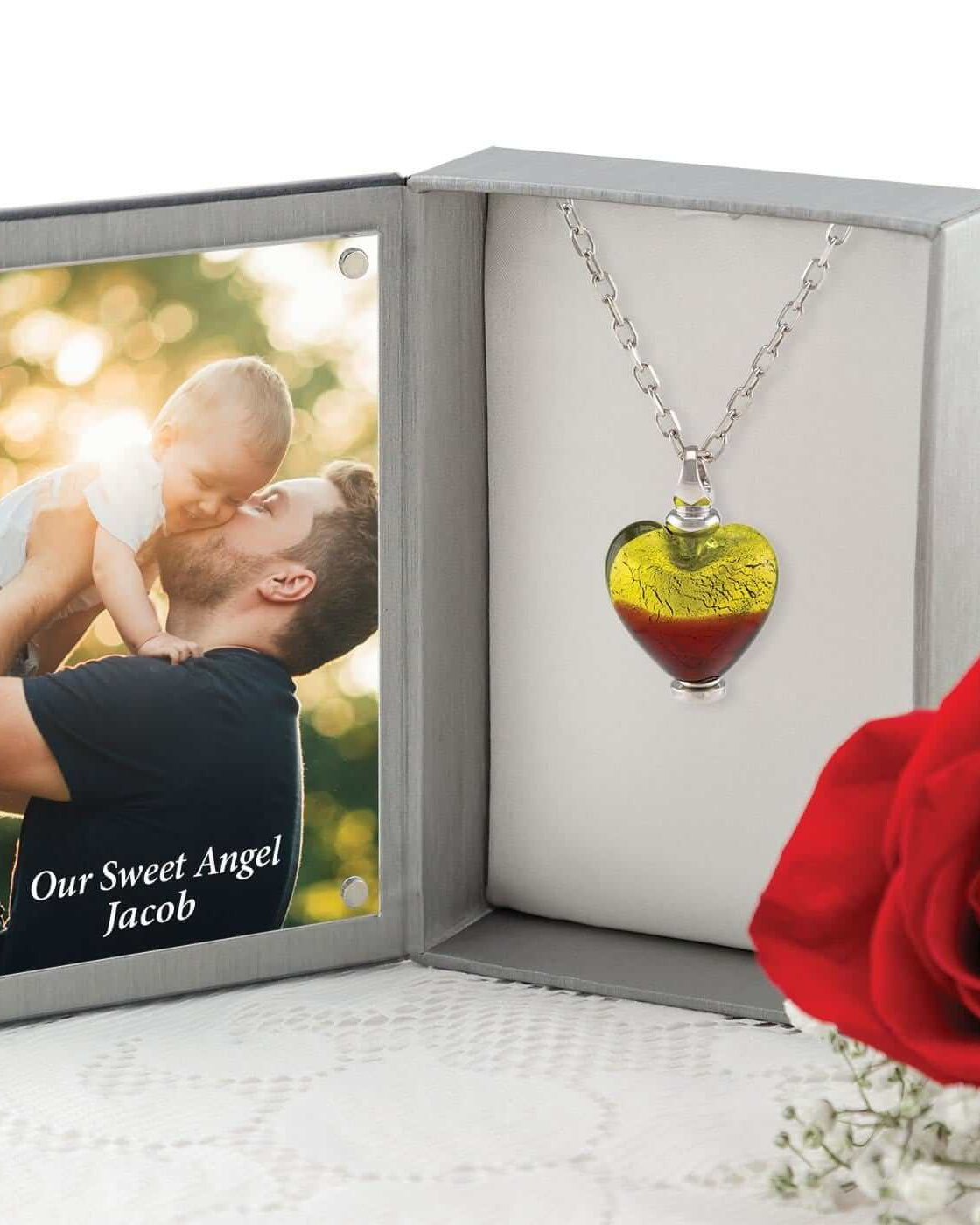 Cara Keepsakes Murano Glass Heart Urn - 'Guiding Light' in jewelry box