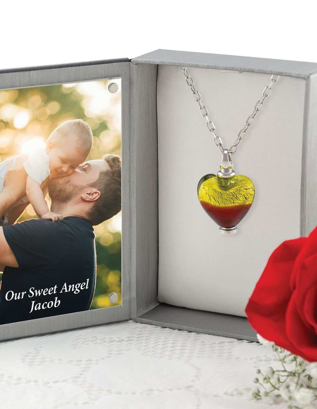 Cara Keepsakes Murano Glass Heart Urn - 'Guiding Light' in jewelry box