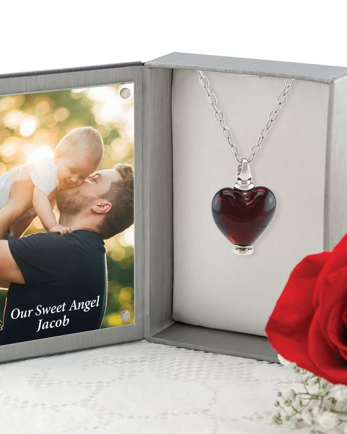 Cara Keepsakes Murano Glass Heart Urn - January in jewelry box
