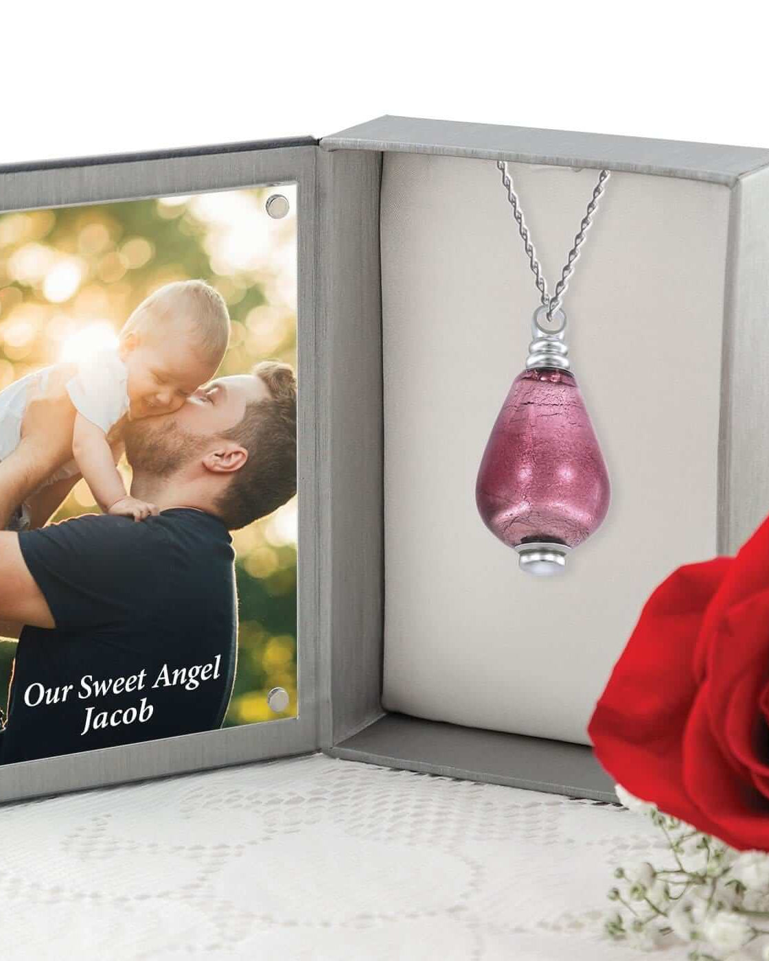 Cara Keepsakes Murano Glass Pendant Urn - 'Orchid Mist' in jewelry box