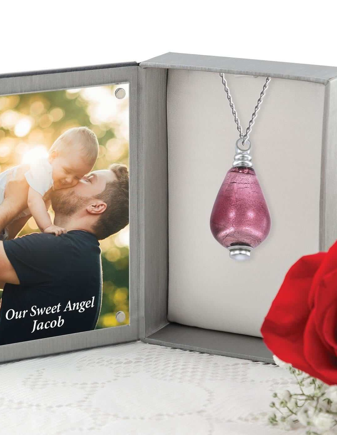 Cara Keepsakes Murano Glass Pendant Urn - 'Orchid Mist' in jewelry box