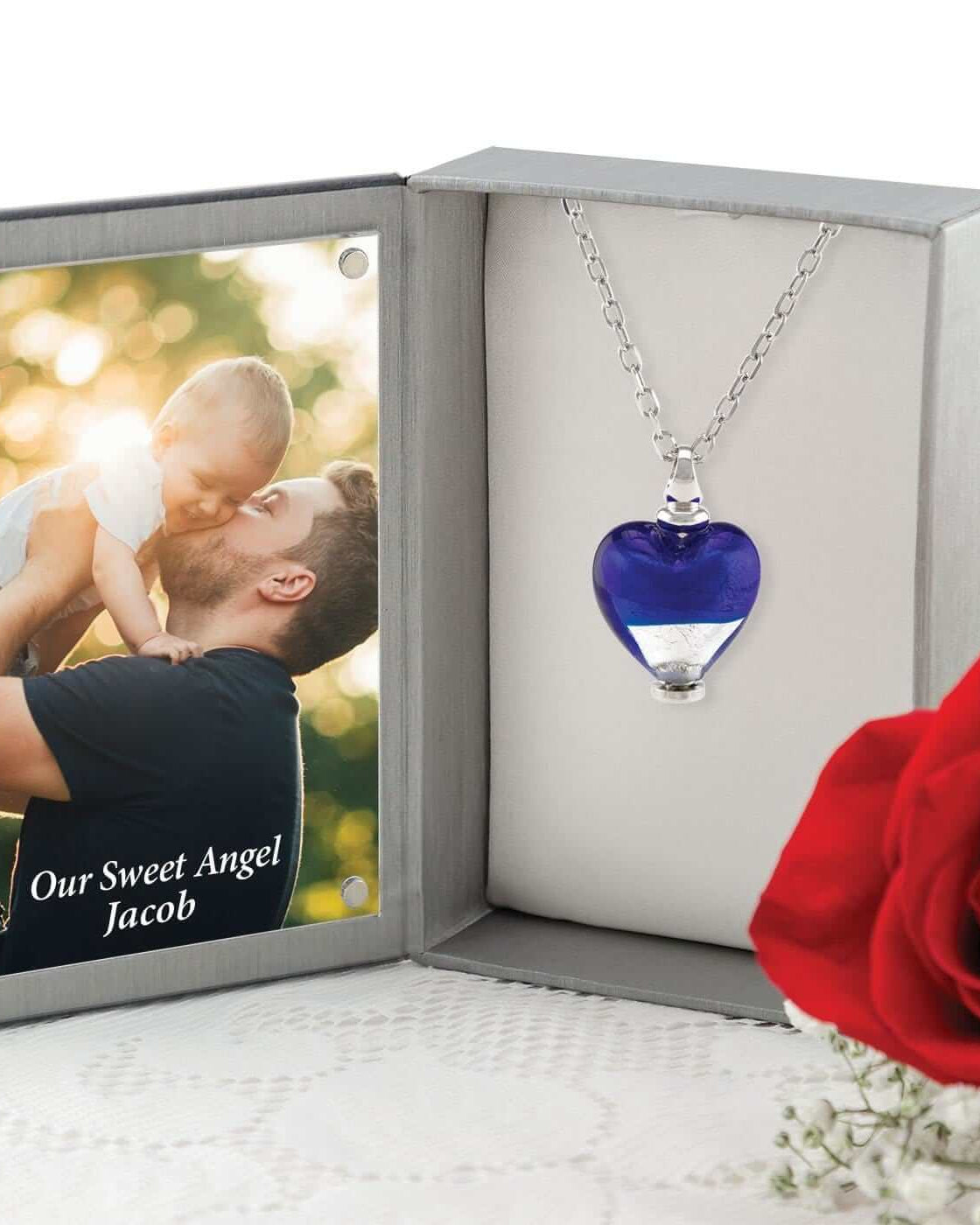 Cara Keepsakes Murano Glass Heart Urn - 'Peace and Harmony' in jewelry box