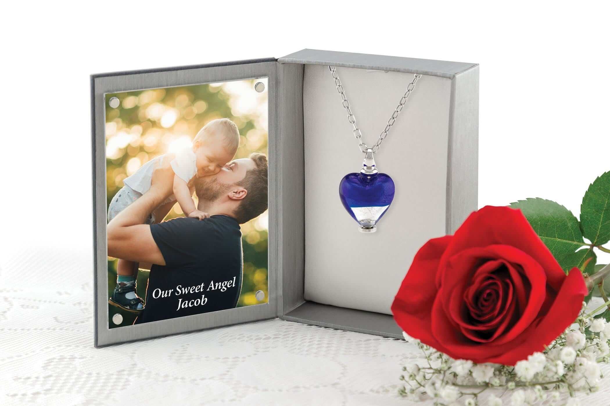 Cara Keepsakes Murano Glass Heart Urn - 'Peace and Harmony' in jewelry box