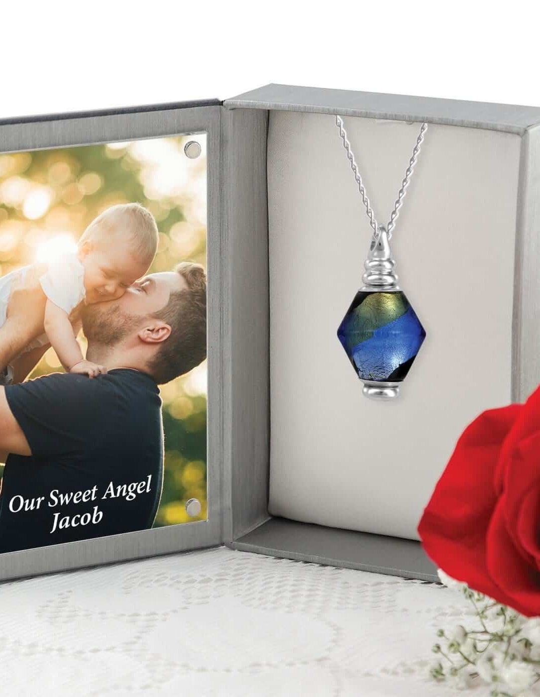 Cara Keepsakes Murano Glass Pendant Urn - 'Peaceful Waters' in jewelry box