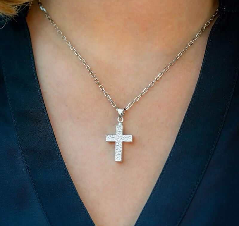 Cara Keepsakes Silver Pendant Urns Hammered Cross Pendant Urn