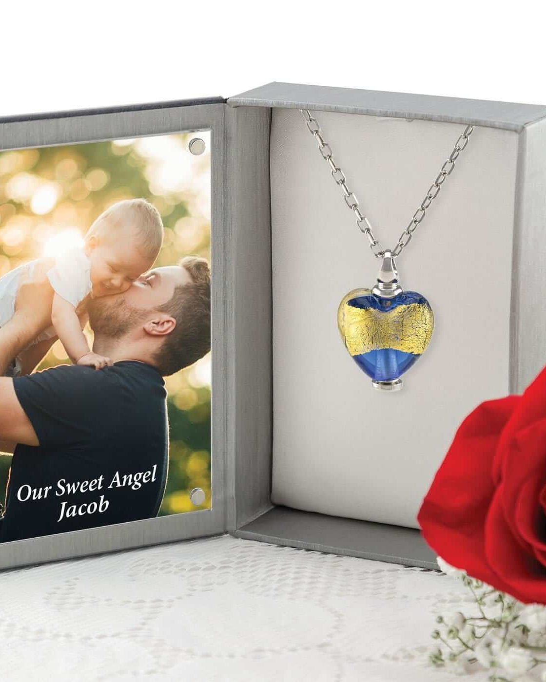 Cara Keepsakes Murano Glass Heart Urn - 'Wrapped in Glory' in jewelry box