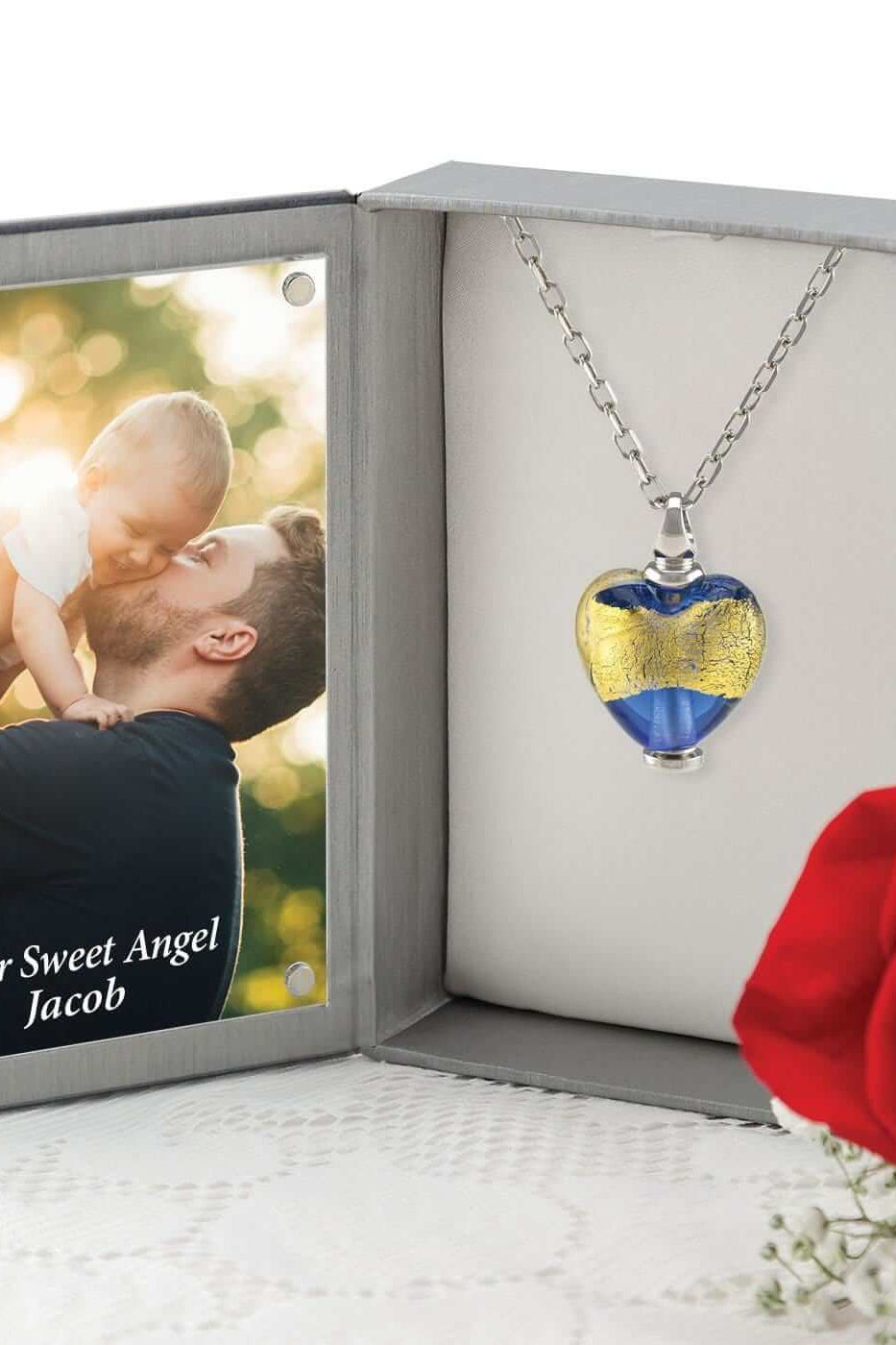 Cara Keepsakes Murano Glass Heart Urn - 'Wrapped in Glory' in jewelry box