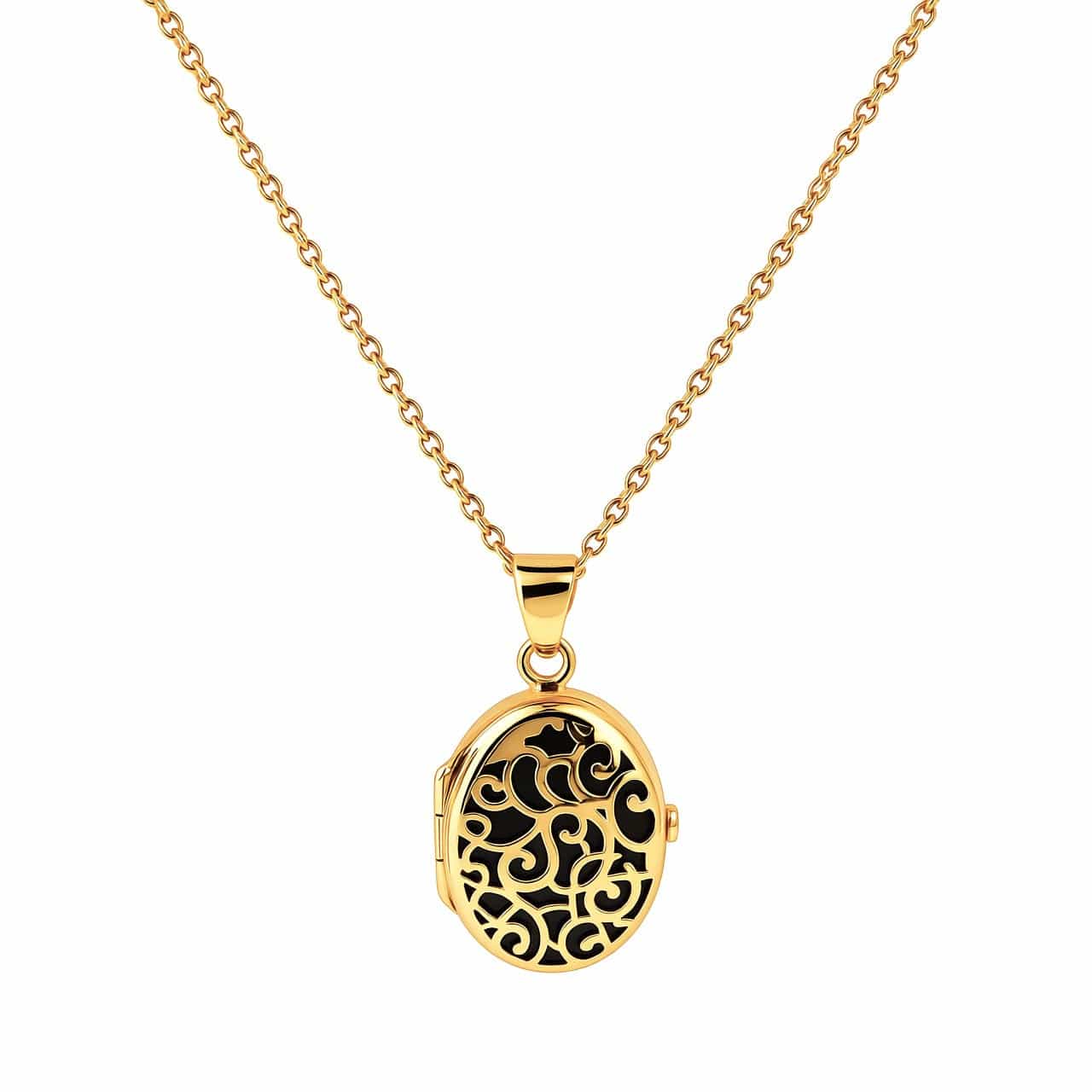 Cara Keepsakes Gold Locket Urns Black Gold Filigree Oval Locket Urn (14K)