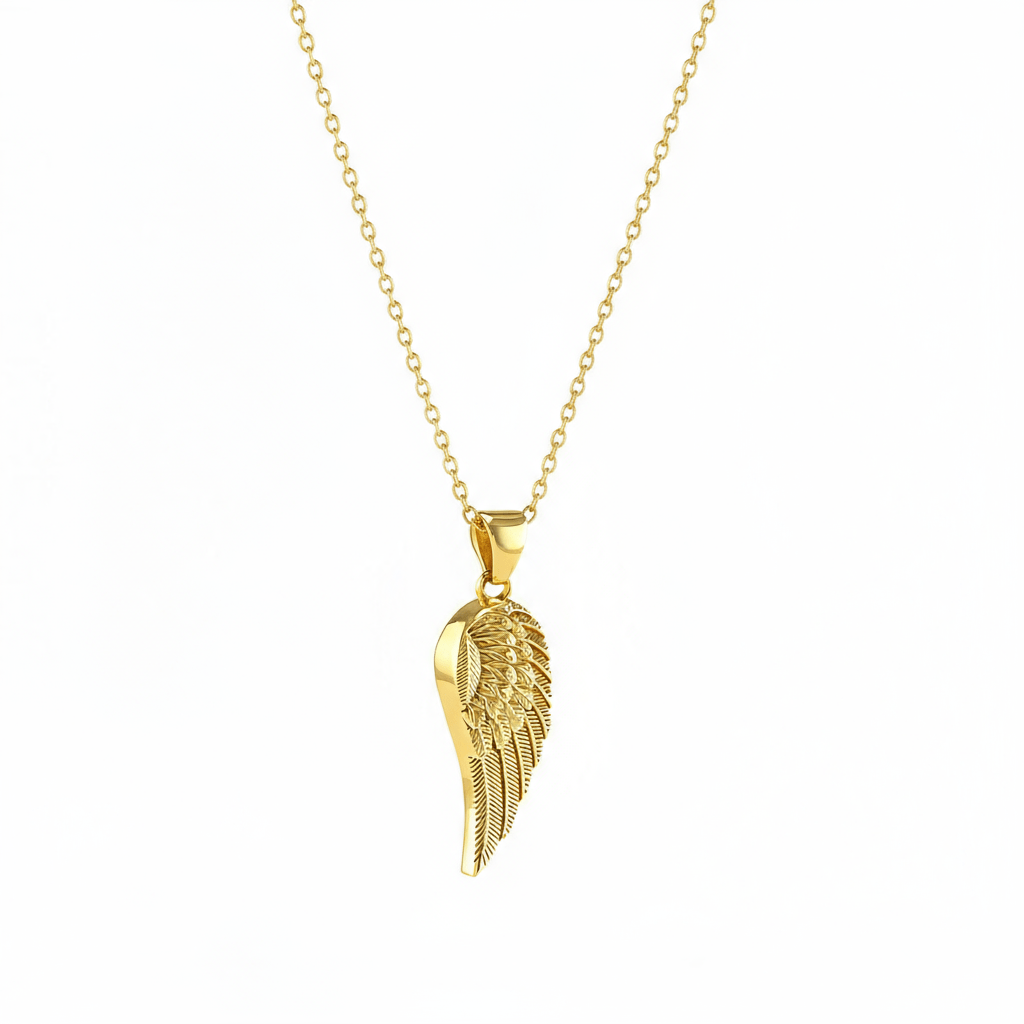 Gold wing-shaped pendant urn on a chain against a white background