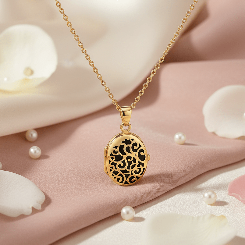 Cara Keepsakes Gold Locket Urns Gold Filigree Oval Locket Urn (14K)