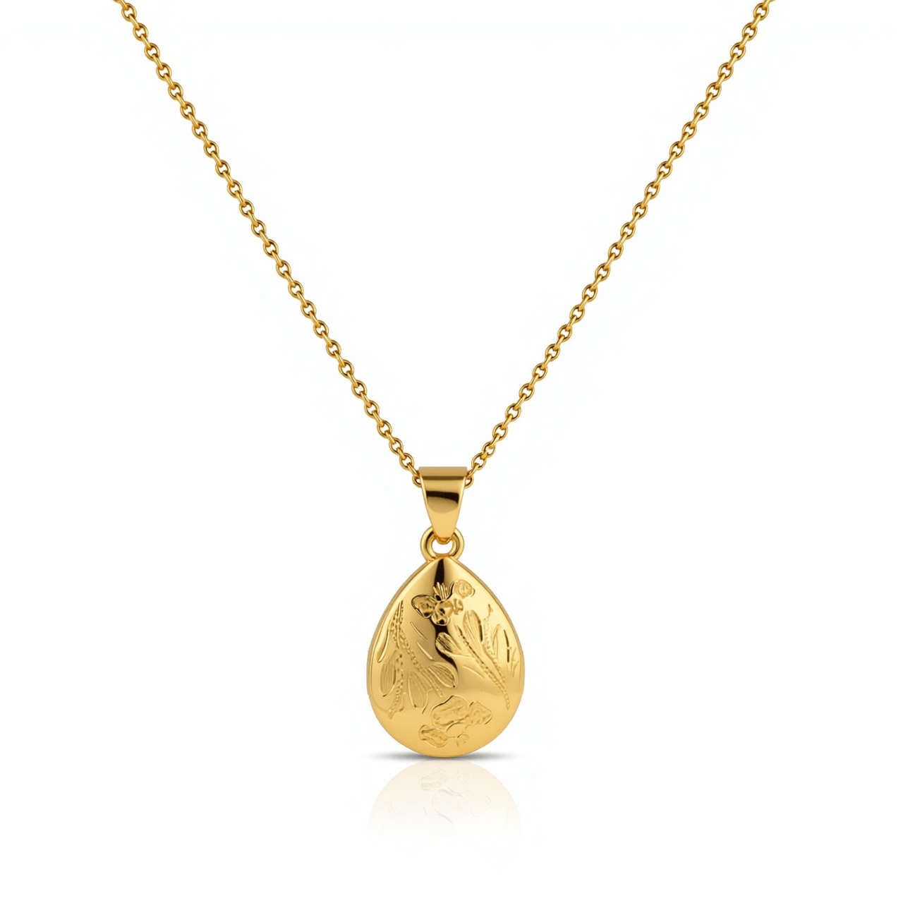Gold urn necklace with a teardrop-shaped pendant on a white background