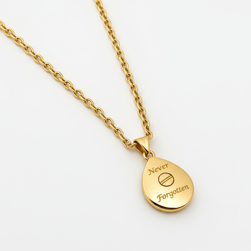 Gold tear-drop shaped necklace urn on a white background