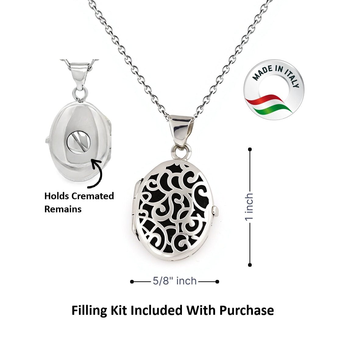 Cara Keepsakes Silver Locket Urns Silver Filigree Oval Locket Urn