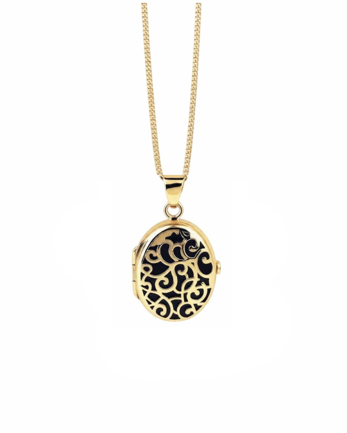 Cara Keepsakes Gold Locket Urns Black Gold Filigree Oval Locket Urn (14K)