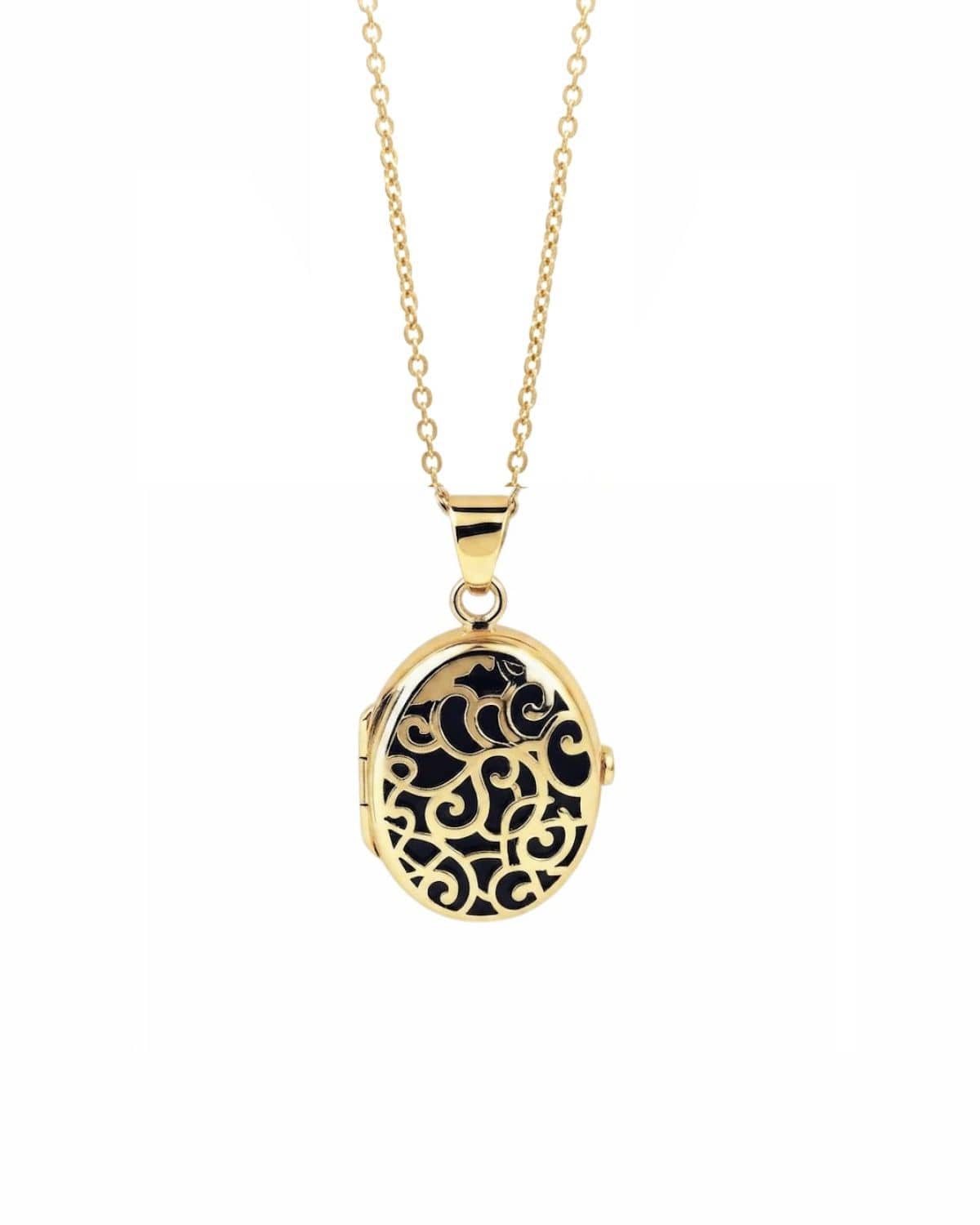 Cara Keepsakes Gold Locket Urns Black Gold Filigree Oval Locket Urn (14K)