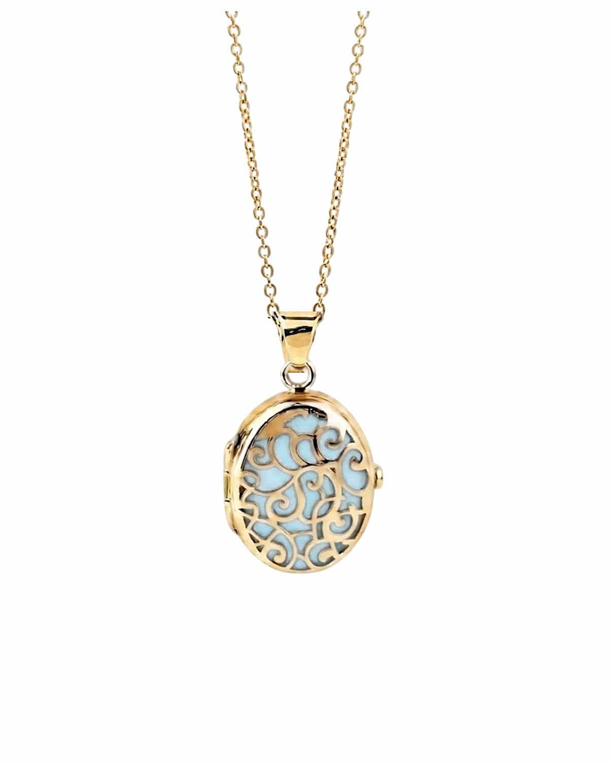 Cara Keepsakes Gold Locket Urns Turquoise Gold Filigree Oval Locket Urn (14K)