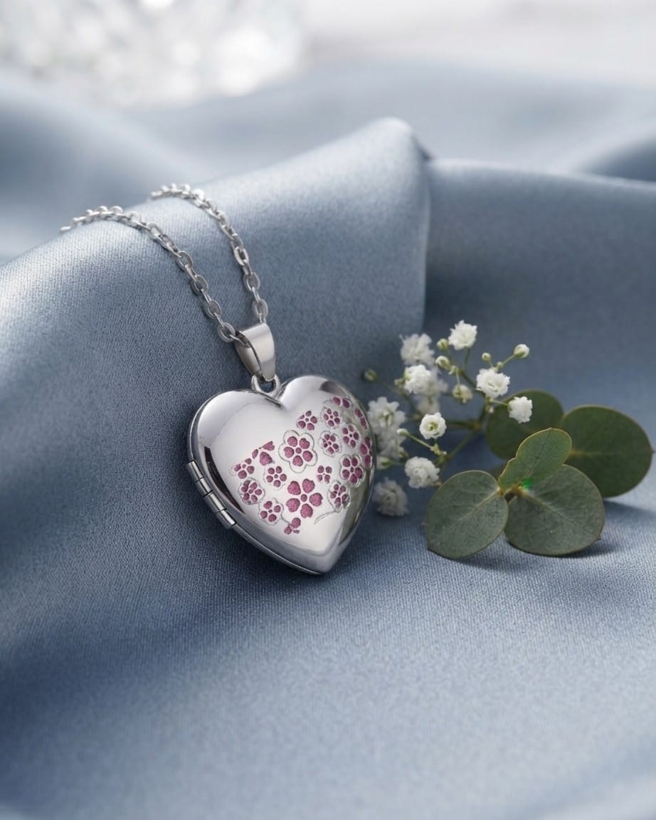 Cara Keepsakes Silver Locket Urns Silver Heart Locket Urn - Flowers