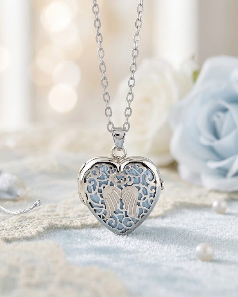 Cara Keepsakes Silver Locket Urns Blue Angel Heart Locket Urn
