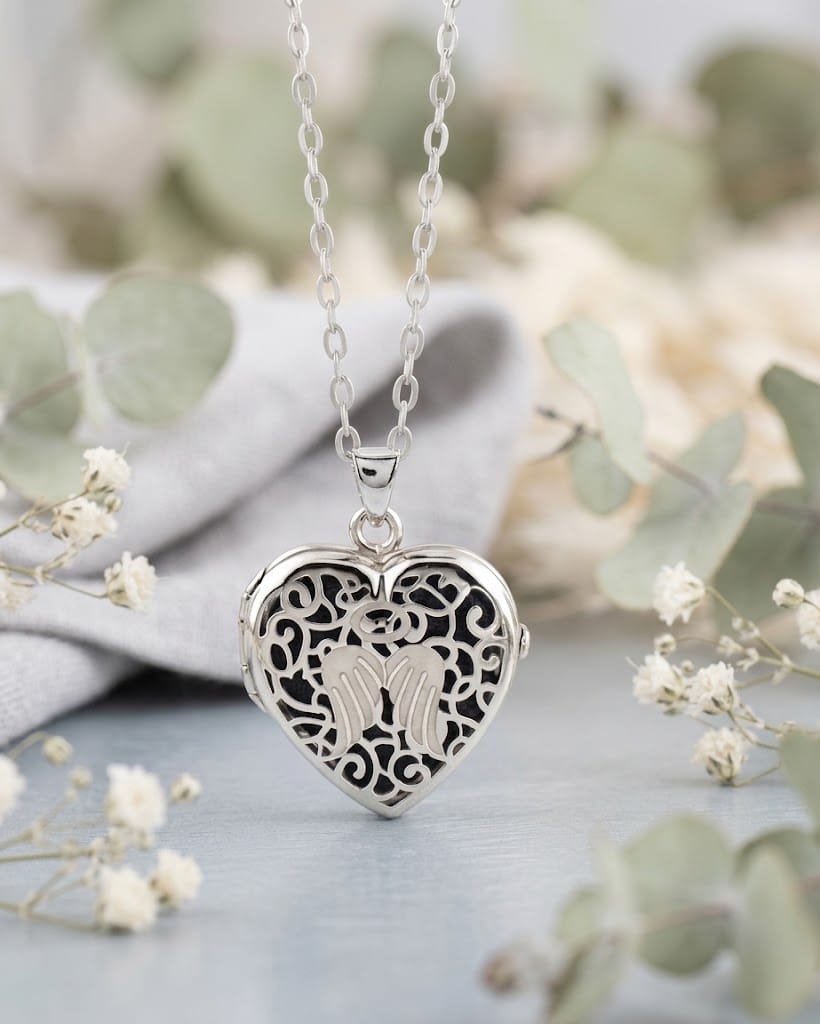 Cara Keepsakes Silver Locket Urns Black Angel Heart Locket Urn