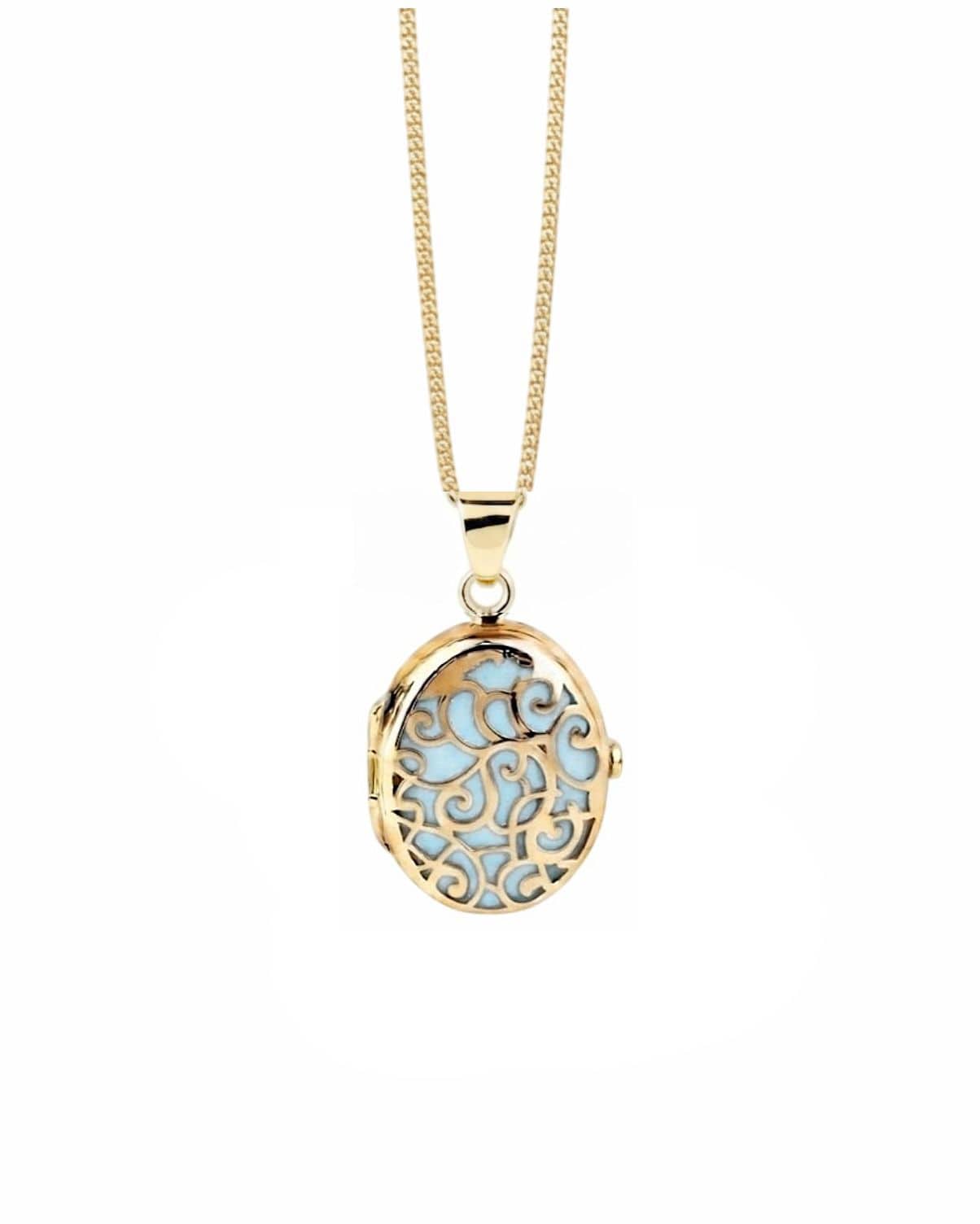 Cara Keepsakes Gold Locket Urns Turquoise Gold Filigree Oval Locket Urn (14K)