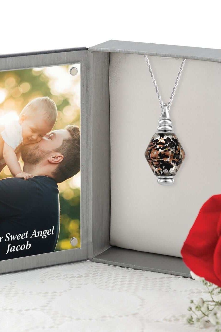 Cara Keepsakes Murano Glass Pendant Urn - 'Everlasting Embrace' in jewelry box