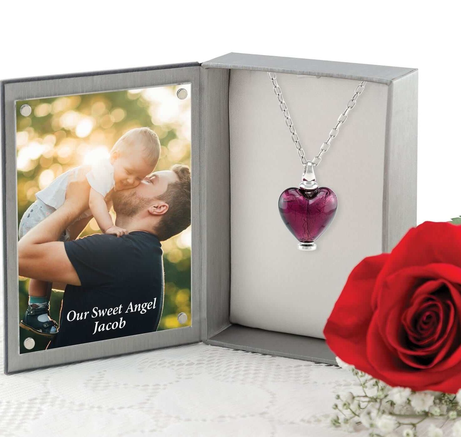 Cara Keepsakes Murano Glass Heart Urn - February in jewelry box