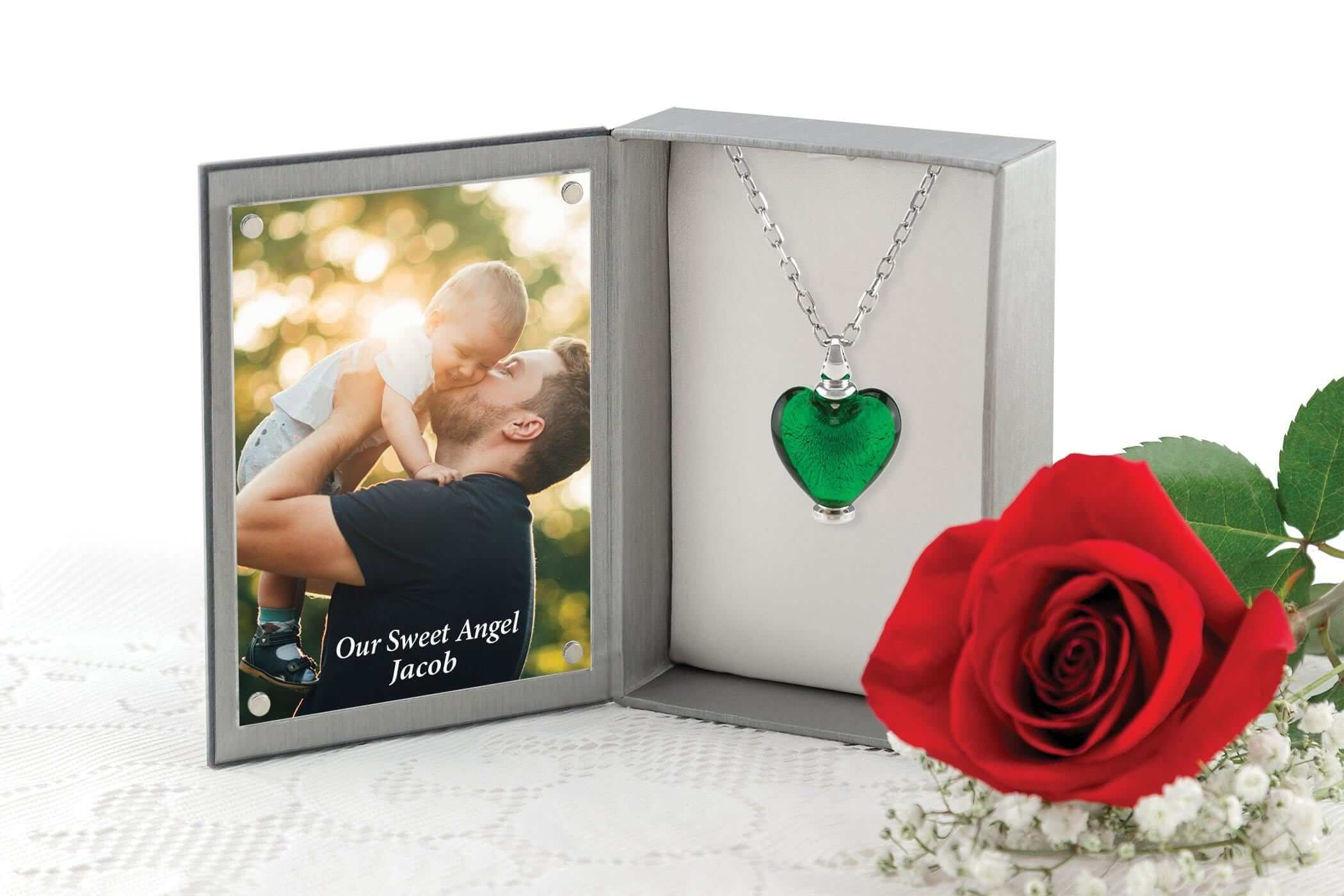Cara Keepsakes Murano Glass Heart Urn - May in jewelry box