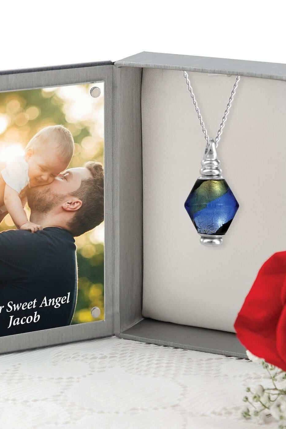 Cara Keepsakes Murano Glass Pendant Urn - 'Peaceful Waters' in jewelry box