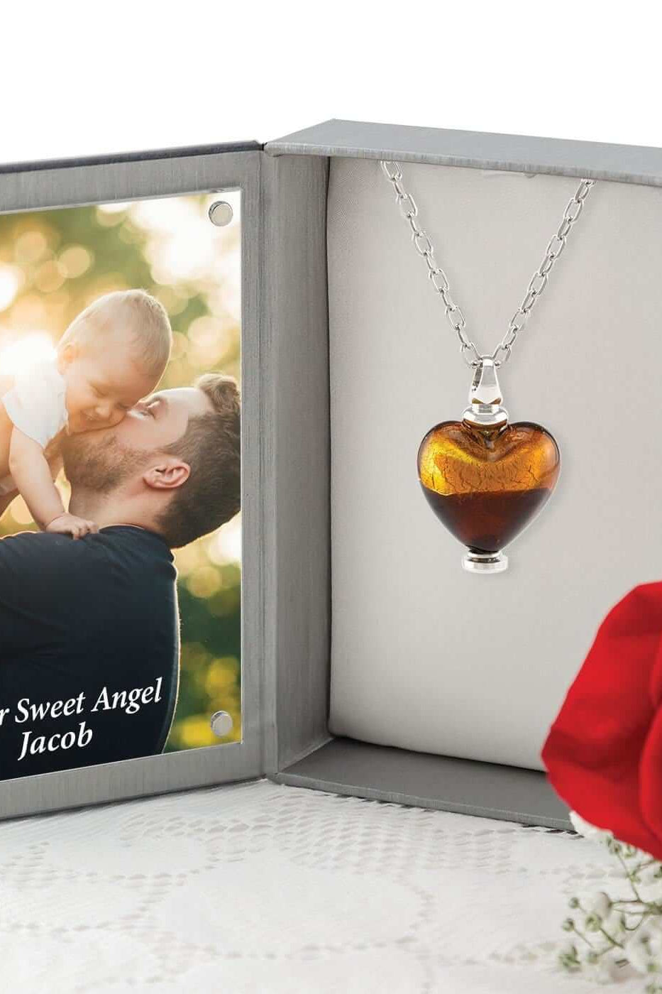 Cara Keepsakes Murano Glass Heart Urn - 'Sweet Promise' in jewelry box
