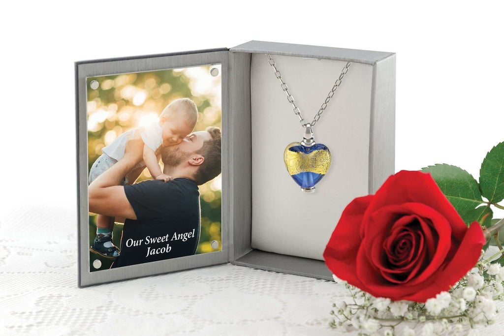 Cara Keepsakes Murano Glass Heart Urn - 'Wrapped in Glory' in jewelry box